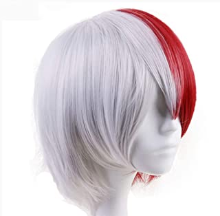 AHJSN peluca cosplay sintética corta blanca recta y media roja para fiesta de disfraces de Halloween 10 pulgadas multicolor