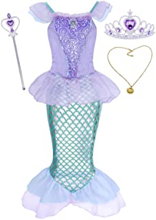AmzBarle Vestido Disfraz de Sirena Traje para Niña- Disfraz Infantil de Princesa Brillante Larga Manga con Cola de Cosplay Fiesta Halloween Chicas