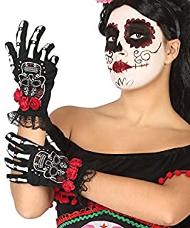 Atosa-39719 Atosa-39719-Accesorio-Guantes Halloween Esqueleto Rosas Rojas- Color Negro (39719