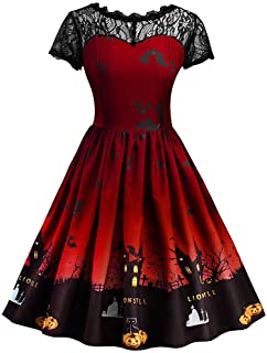 Auifor Vestido de Fiesta de la Vendimia del Vestido de la Manga del Cortocircuito del cordón cordón de la impresión Vestido de Las Mujeres de Moda de Halloween