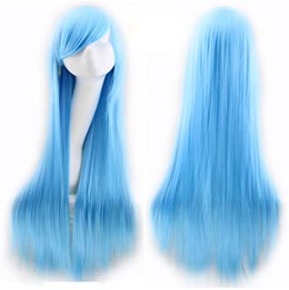 CLOCOLOR 32- 80CM Peluca de pelo largo liso con flequillo disfraz para mujer cosplay fiesta Halloween peluca sintética de moda calor resistente (azul claro)