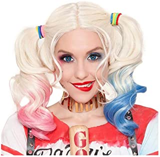 Cisne 2013- S.L. Peluca para Mujer de Harley Quinn Color Rubio con Colores Azul y Rojo para Halloween o Carnaval. Peluca Disfraz Cosplay Harley Quinn Suicide Squad