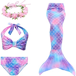 Cola de Sirena Niña 3 Piezas Mermaid Bikini Traje de baño Tankini Set con Diadema de Flores