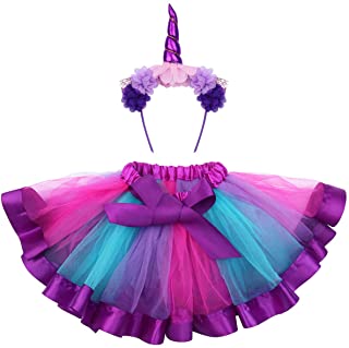 FENICAL Disfraz de Unicornio para Niñas Diadema Unicornio Floral con Oreja y Falda Tutú de Arco Iris Disfraz para Fiesta Púrpura
