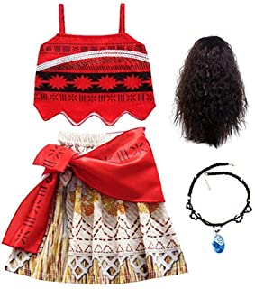 FINDPITAYA Niñas Vestido de Princesa Vaiana Cosplay Costume con Collar y Peluca Disfraz Moana Fiesta Navidad Halloween Vestido de Fiesta Carnaval