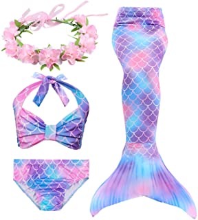 Hifunbay Cola de Sirena niña para Nadar Incluido Traje de Sirena baño de Bikini de 3 Piezas y Diadema con guirnaldas de Flores