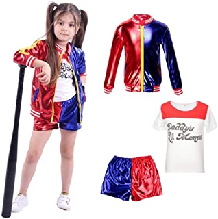 Niños Harley Quinn Ropa para niñas Suicide Squad Abrigo + Pantalones Cortos + Conjunto de Camiseta Traje Rojo