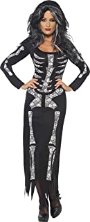 Smiffys-38873L Disfraz de Esqueleto- con Vestido ceñido de Manga Larga- Color Negro- L-EU Tamaño 44-46 (Smiffy.S 38873L)