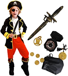 Tacobear Disfraz Pirata Niño con Pirata Accesorios Pirata Sombrero Parche Daga brújula Monedero Pendiente Oro Medasie Pirata Disfraz de Halloween Niños (XL (10-12 años))