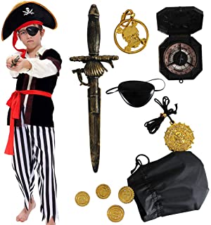 Tacobear Disfraz de Pirata Niño con Accesorios Pirata Parche Daga brújula Monedero Pendiente Oro Medasie Disfraz de Halloween Pirata Niños (S (4-6 años))