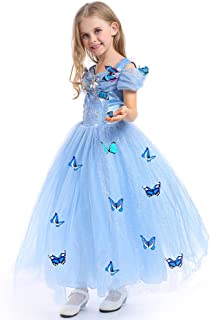 URAQT Princesa Traje del Vestido- Traje de Princesa Azul con Mariposas Vestido Infantil Disfraz de Princesa de Niñas para Fiesta Carnaval Cumpleaños Cosplay Halloween (130)