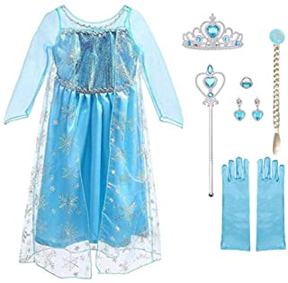 URAQT Vestido de Princesa Elsa- Reina Frozen Disfraz Elsa Vestido Infantil Niñas Costume Azul Cosplay de Disney Disfraz de Halloween- Cumpleaños- Carnaval y la Fiesta (130) Azul