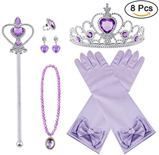 Vicloon Princesa Vestir Accesorios 8 Pcs Regalo Conjunto de Belleza Corona Anillo Sceptre Collar Pendientes Guantes para Niña (Violeta)