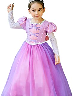 yeesn Disfraz de la Princesa Rapunzel para niña Manga Larga Vestido de Manga Cosplay Fiesta de cumpleaños de Halloween Vestido Vestido (110cm)
